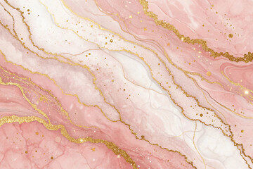 Abstract background, pink marble with veins stone texture, gold foil and glitter, painted artificial marbled surface, fashion marbling illustration