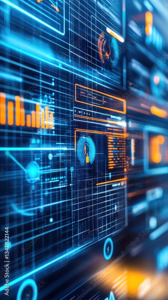 Poster abstract digital interface with data visualizations and infographics