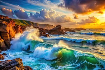Obraz premium Soothing 4K video: Ocean waves rhythmically pound rocky shores, creating a peaceful nature scene.