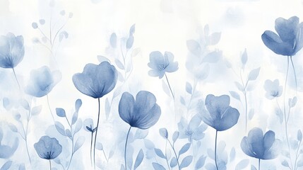 Hand-Painted Watercolor Seamless Pattern of Blue Flowers and Foliage