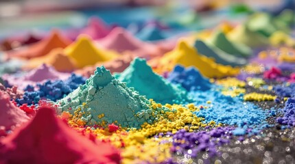 Chalk art festival supplies with freshly opened boxes in rainbow spectrum arranged around incomplete street artwork, morning dew creating reflective sheen on surfaces