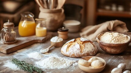 Fototapeta premium Kitchen table with ingredients for making bread
