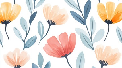 Hand-Painted Watercolor Seamless Floral Pattern on White Background