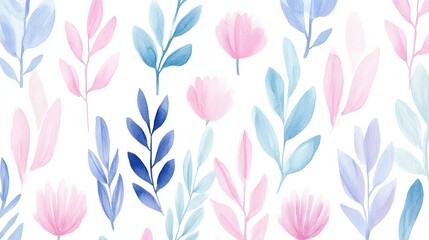 Hand Painted Watercolor Seamless Pattern of Floral Elements
