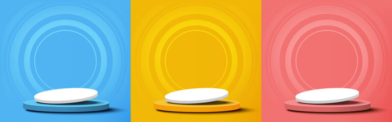 Set of Blue, Yellow, Pink, scene background with 3d stage tilted podium, minimal style. Pedestal with for product display, advertising on pastel color backdrop. Vector illustration.