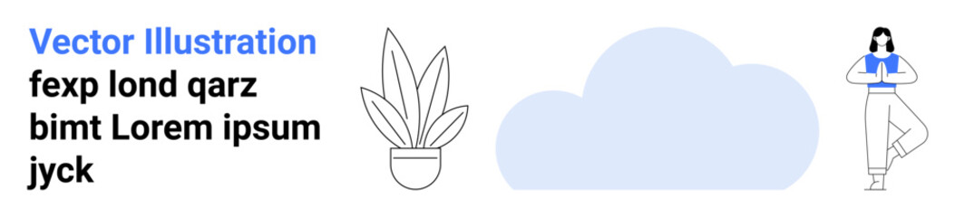 Woman balancing in tree pose near potted plant and cloud, emphasizing calm, wellness, and natural simplicity. Ideal for mindfulness, health, tranquility, balance, yoga fitness flat landing page