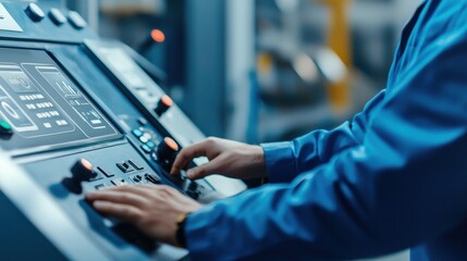Fototapeta premium Industrial Control Panel Operation by Technician in Modern Facility