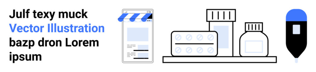 Medication bottles, pill blister packs, insulin pen, and storefront tablet. Ideal for healthcare, pharmacy, e-commerce, telemedicine, medical services digital healthcare simple landing page