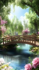 Fototapeta premium Serene wooden bridge in garden landscape over river with sunshine and blooming trees