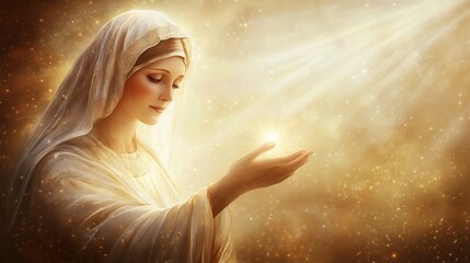 Virgin Mary with an outstretched hand, welcoming the faithful with divine compassion, soft heavenly light surrounding her, an awe-inspiring sacred image of love and grace