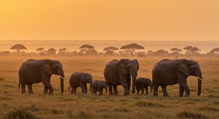 Fototapeta premium A family of elephants walking across the savannah at sunset, showcasing nature's beauty