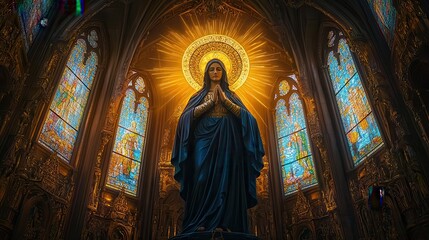 Obraz premium Gothic-style Virgin Mary in a grand cathedral, intricate stained glass windows casting colorful divine light upon her, a golden halo glowing softly, the atmosphere filled with spiritual reverence