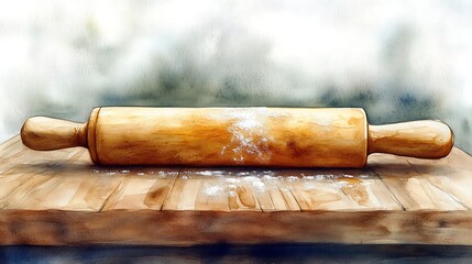 Rustic Wooden Rolling Pin on Wooden Table with Flour Dust