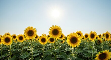 Fototapeta premium Vibrant sunflowers blooming in a sunny field under a clear blue sky