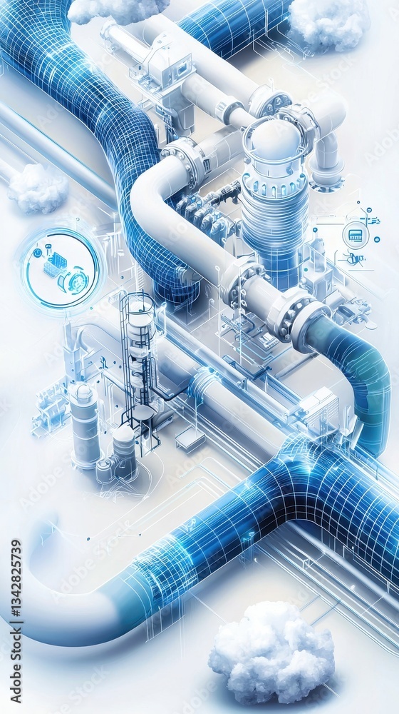 Poster futuristic pipeline system with digital connections and cloud elements