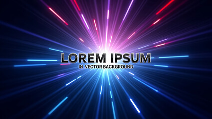 A colored background with bright rays coming from the center. The rays have blue and purple hues, creating a radiant effect. In the center, the words "LOREM IPSUM" are depicted in large font, and belo