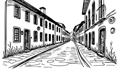Black and white sketch of a quaint street with houses  on a transparent background