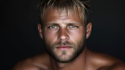 Fototapeta premium Close-up portrait of a man with light eyes and a light-colored beard, against a dark backdrop, with a natural, sun-kissed glow