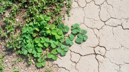 patch of green clover grows vibrantly next to cracked, dry soil, illustrating contrast between life and arid conditions