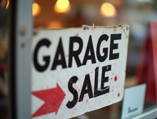 Close-up garage sale sign with arrow, blurred items in background, bold text, inviting vibe.