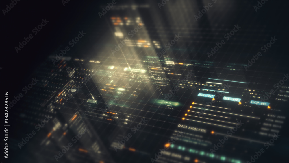 Poster Futuristic data matrix simulation featuring metaverse inspired elements, an information network, and hi-tech digital data telemetry with encrypted numbers