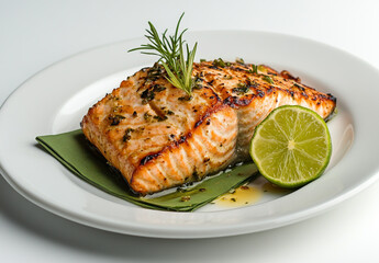 Photo of grilled salmon on a white plate, a food photograph with bright lighting, a green napkin with a lime slice