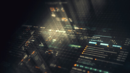 Futuristic data matrix simulation featuring metaverse inspired elements, an information network,...