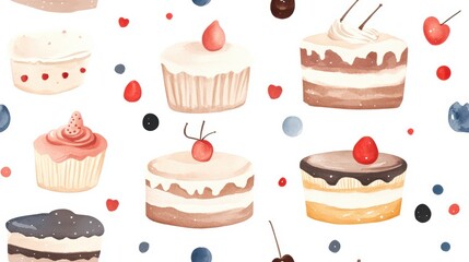 Elegant Vintage Watercolor Seamless Pattern of Delicious Desserts
