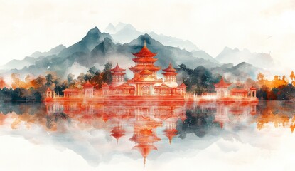 Wedding invitation illustration with temple motifs and henna pattern borders, tailored for luxury cultural events, cross-cultural marriage ceremonies, or destination wedding planners.