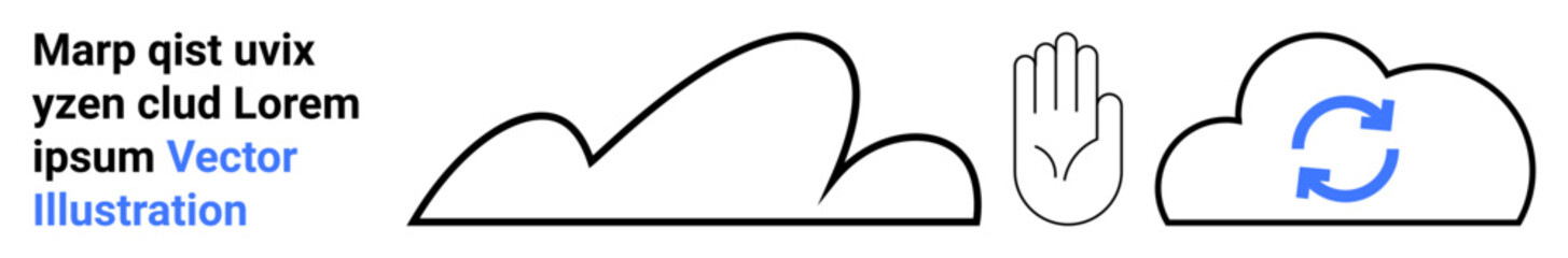 Abstract cloud outlines, hand gesture symbolizing access control, and blue refresh icon for synchronization. Ideal for cloud computing, data management, security, user interaction, digital processes