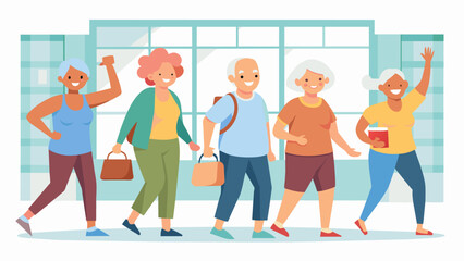 Fototapeta premium A dedicated group of seniors show up bright and early for their weekly aerobics class at the community center ready to start their day with a burst of energy and positivity.. Vector illustration