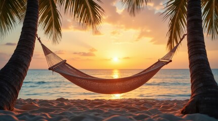 A tropical beach at sunset with a hammock tied between two palm trees, calm waves lapping at the shore, creating a peaceful and serene atmosphere.