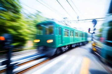 Fototapeta premium A green train speeding along the tracks with motion blur effect in daytime