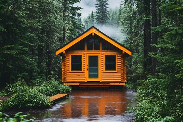 A cabin in lush woods with low fog, perfect for vacations or getaways