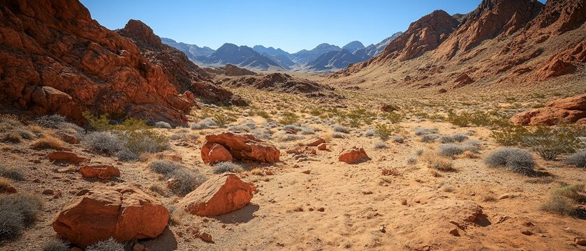 Sunny desert landscape with red rocks and shrubs.