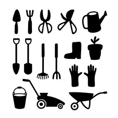 Gardening set element icons. Black and white Vector Illustration