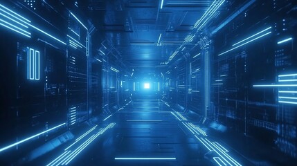 Futuristic Technology Corridor with Glowing Neon Lines and Bright Light