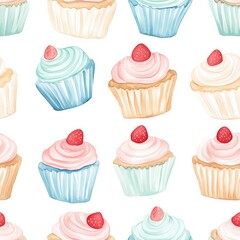 Hand-Painted Watercolor Seamless Pattern of Colorful Cupcakes