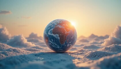 A radiant globe amidst ethereal clouds at sunrise represents global hope