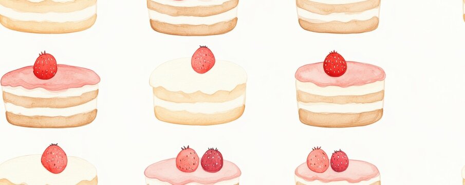 Minimalist Seamless Watercolor Cake Pattern with Strawberries