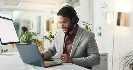 Laptop, online meeting and businessman with headphones in office for global team communication. Audio tech, computer and male financial advisor on virtual discussion for investment plan in workplace.