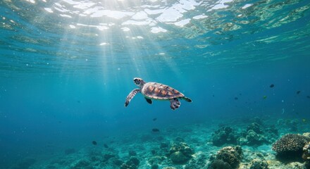 Fototapeta premium Majestic sea turtle swimming gracefully through vibrant coral reef underwater