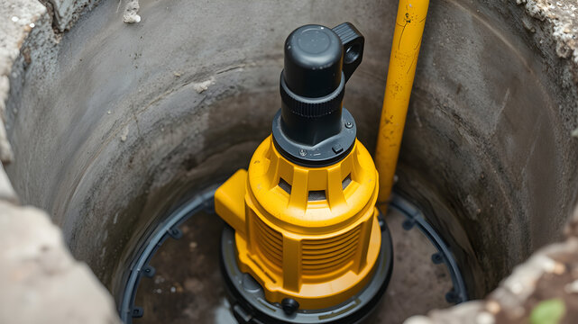 A yellow sump pump sits inside a concrete pit, ready to remove water and prevent flooding in a basement or crawlspace.