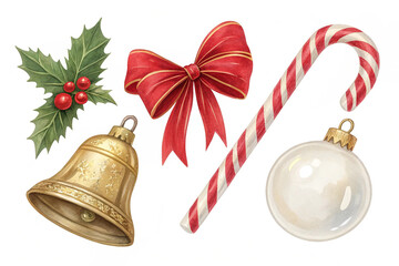3d Christmas clip art. Set of design elements, isolated on white background. Golden bell, paper bow, red ribbon, candy cane, glass ball ornament