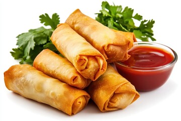 Crispy Spring Rolls on White Background with Fresh Herbs and Dipping Sauce in Bowl