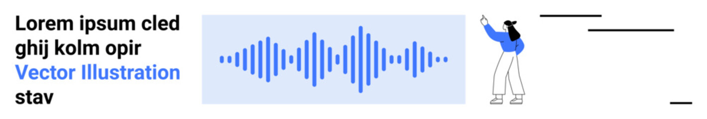 Audio waveform element centered alongside a person gesturing towards it, accompanied by stylized text rows. Ideal for audio analysis, sound processing, podcasting, technology, creativity, education