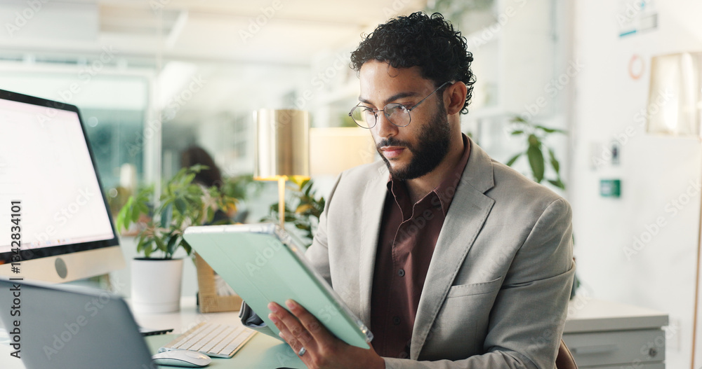 Poster tablet, communication and businessman in office with email for feedback on company profit report. di