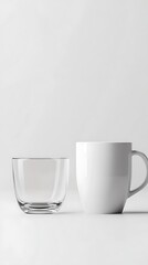 A clear glass and a white ceramic mug side by side on a neutral background.