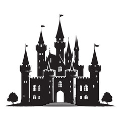 Obraz premium Detailed Castle Silhouette Towers Flags and Trees Vector Illustration
