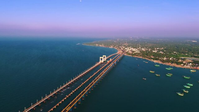 drone footage of Pamban Bridge over the vast blue sea